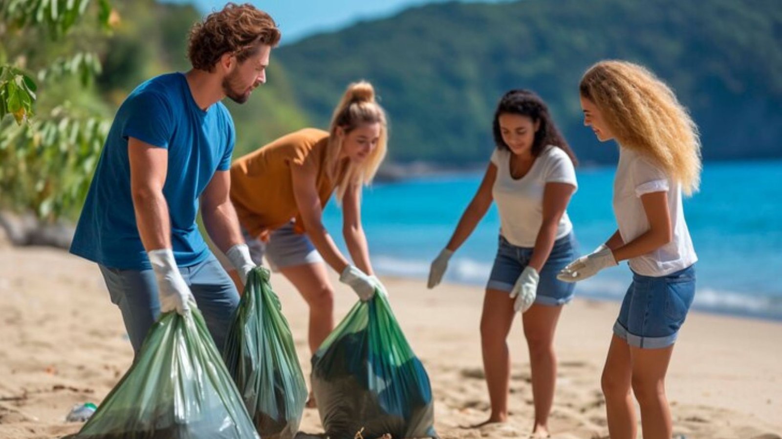 A group of friends trying to maintain cleanliness on the beach