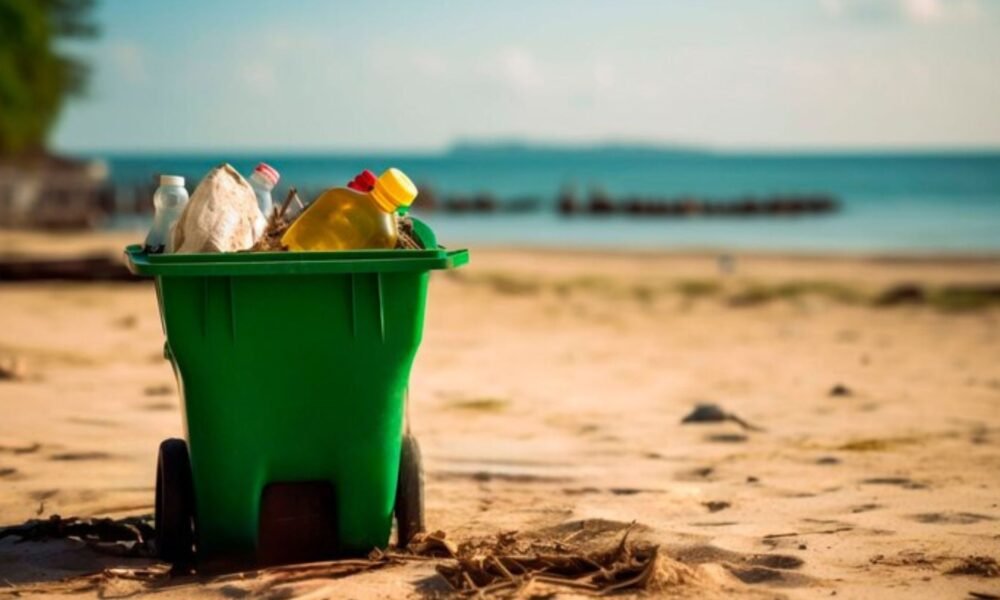 A waste disposal container fixed on a beach for a better environment